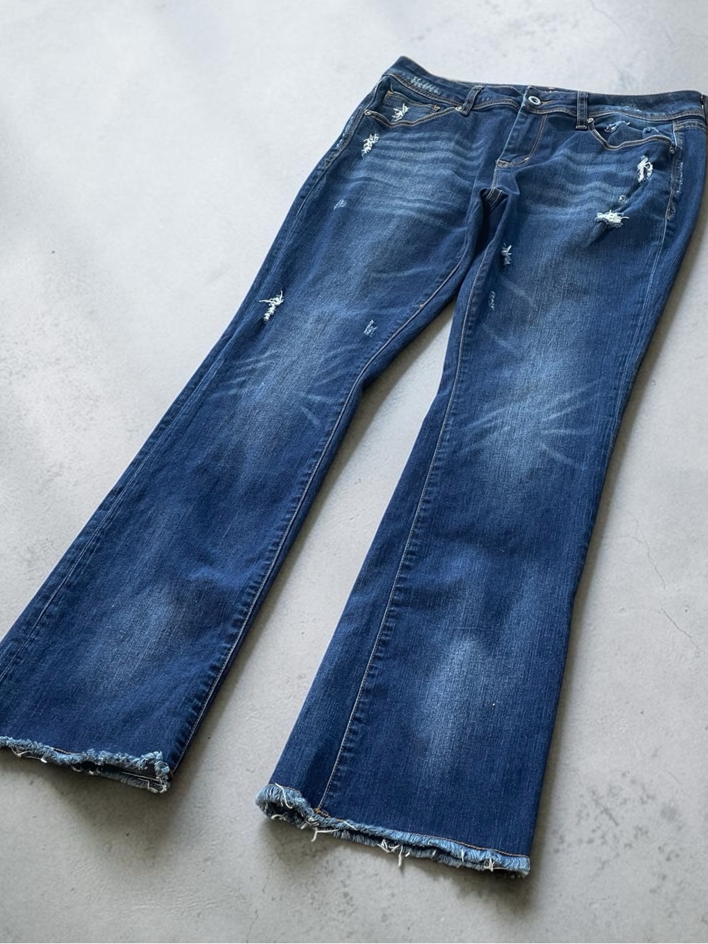 Grace In LA Easy Fit Dark Blue Distressed Bootcut Jeans Sz 30 Slight Flare Leg